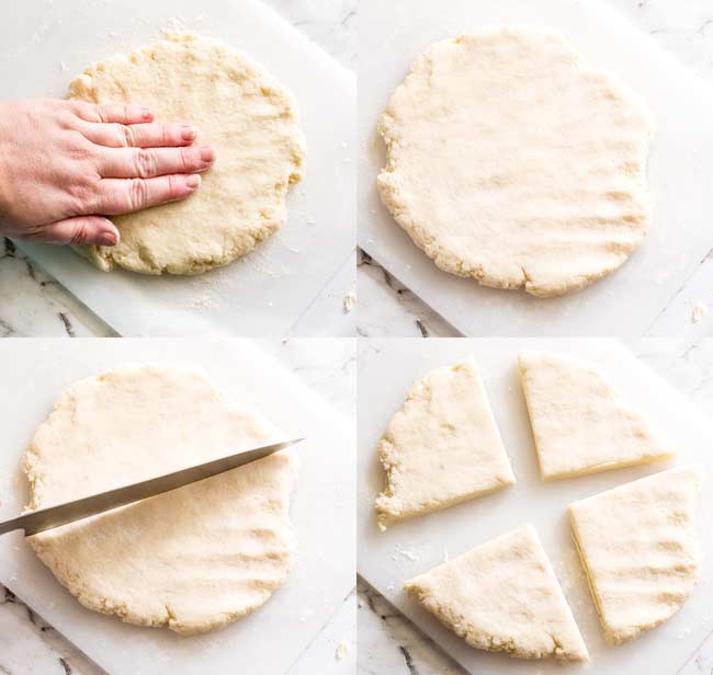 split picture showing how to form and cut the irish potato cakes