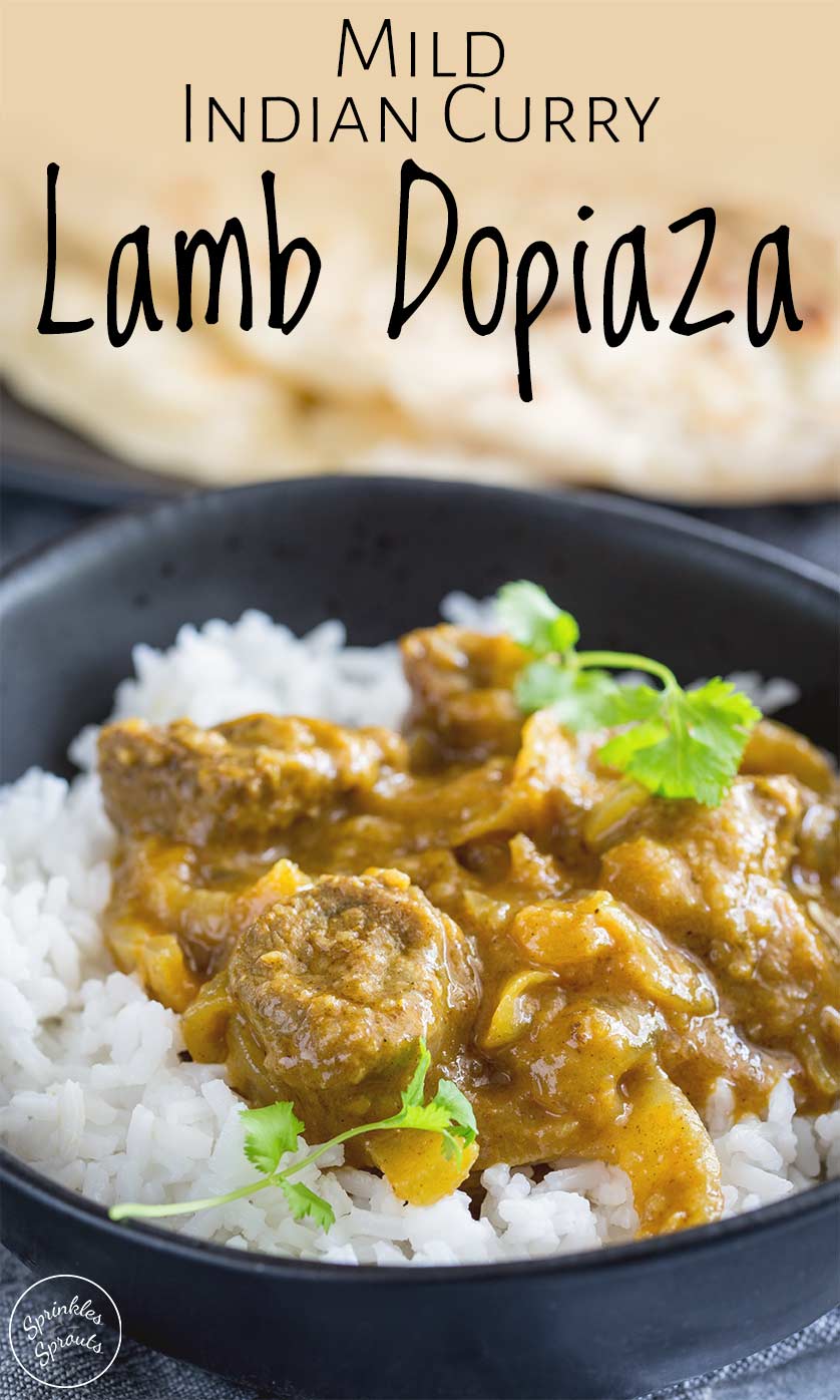 Lamb Dopiaza in a black bowl wth text overlay at the top