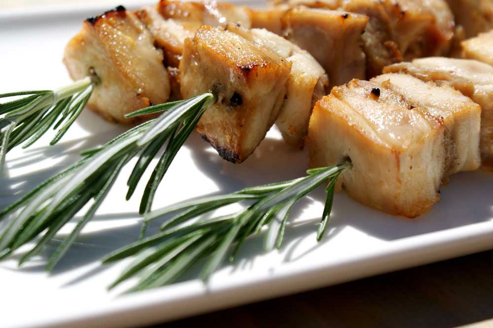 Rosemary Chicken Skewers with Tzatziki. Easy to prepare in advance, this recipe gives you tender chicken with a crisp edge. Perfect for grilling outdoors.