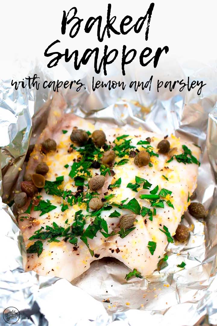 close up of snapper wrapped in foil with text at the top