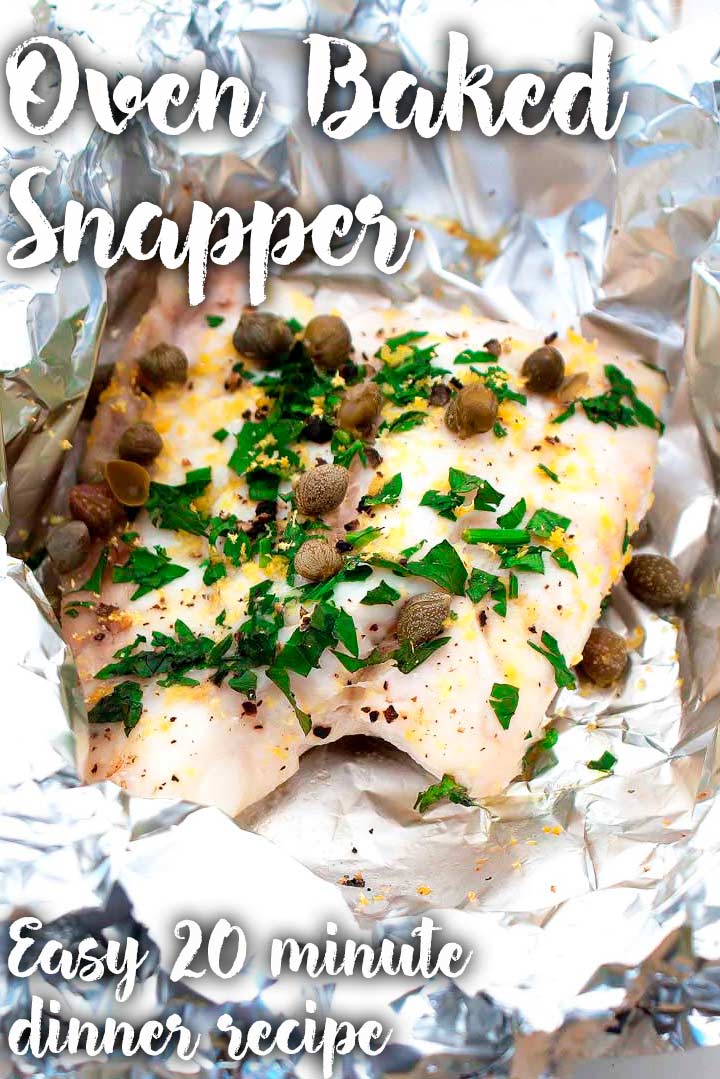 close up of snapper wrapped in foil with text at the top and bottom