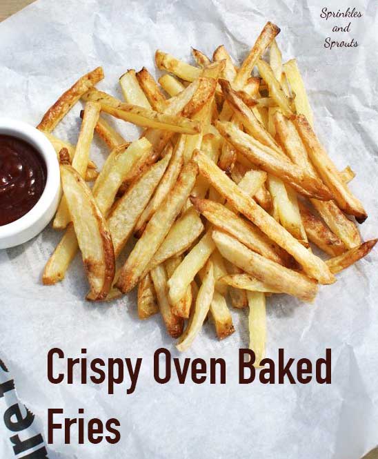 Crispy Oven Baked Fries. The potatoes are oven cooked in coconut oil, making them a healthy side dish.