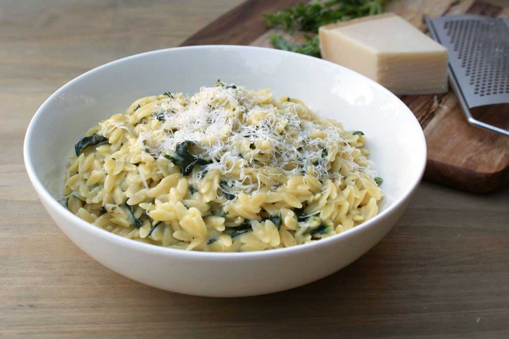 Risoni with Spinach, Parmesan and Basil. A comforting easy supper that is great on it's own or as a tasty side dish.