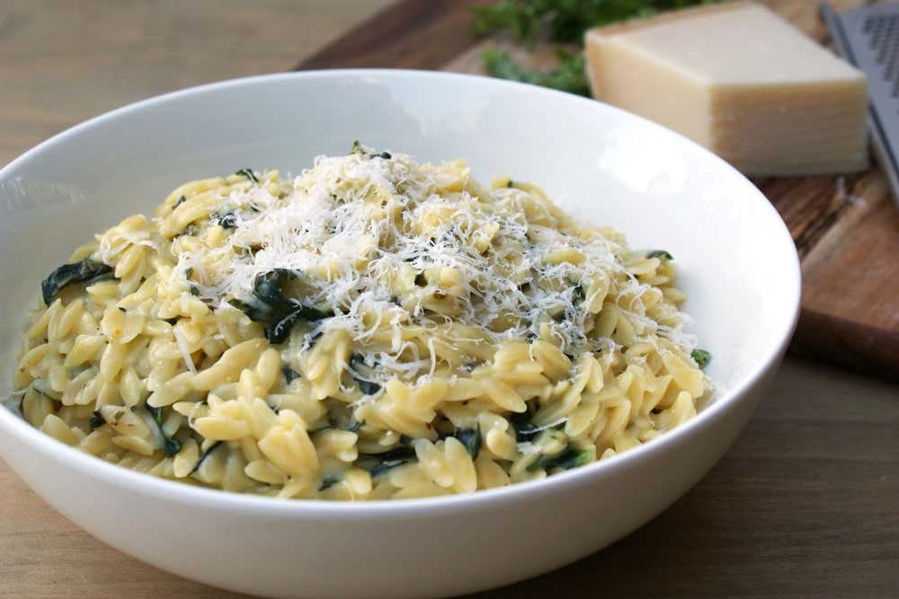 Risoni with Spinach, Parmesan and Basil. A comforting easy supper that is great on it's own or as a tasty side dish.
