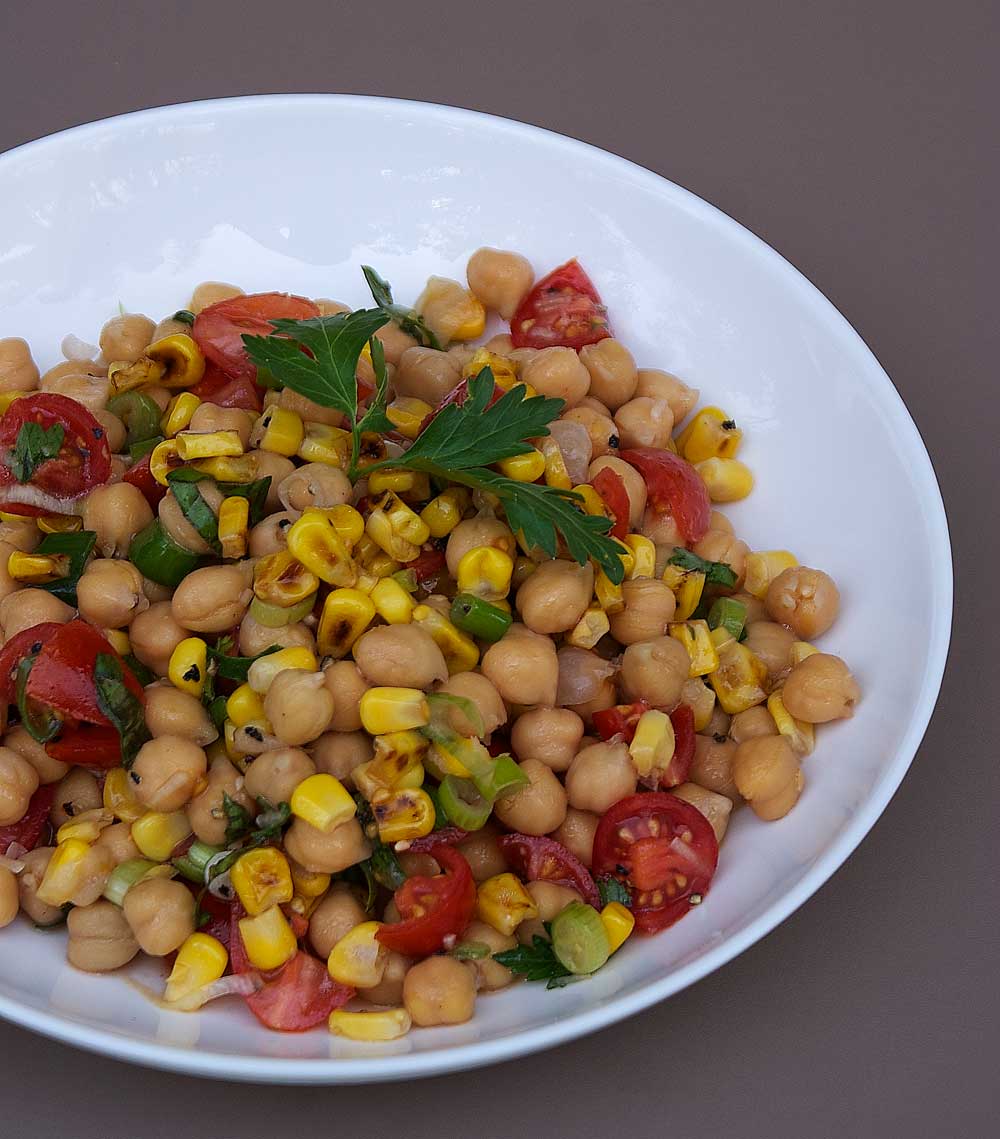 Chickpea and Corn Salad. A delicious, colourful and healthy dish. Perfect on it's on or with grilled meats.