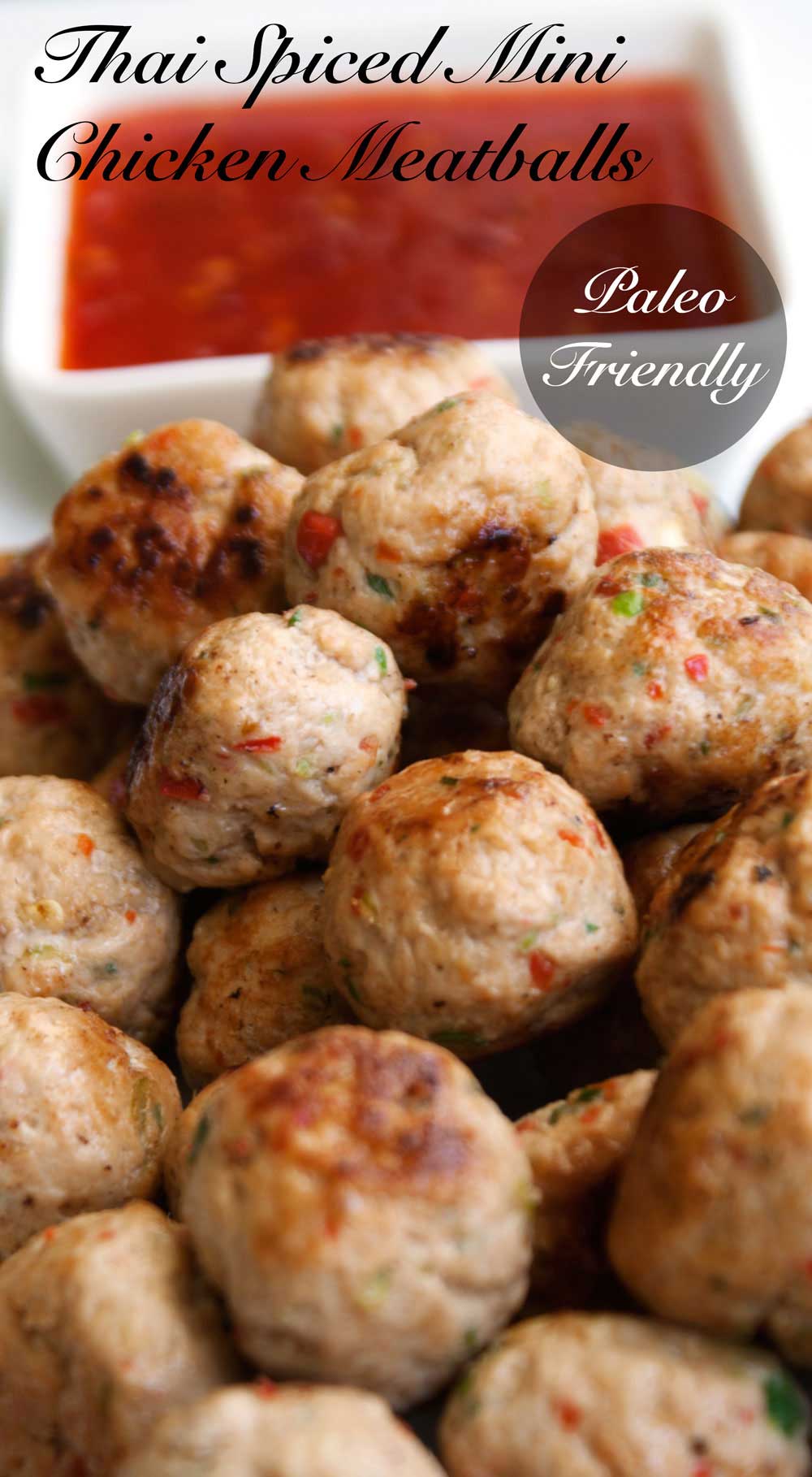 Thai Spiced Mini Chicken Meatballs. These are packed with wonderful Thai flavours. Garlic, ginger, chilli and coriander. Totally scrumptious. #Glutenfree #Paleo