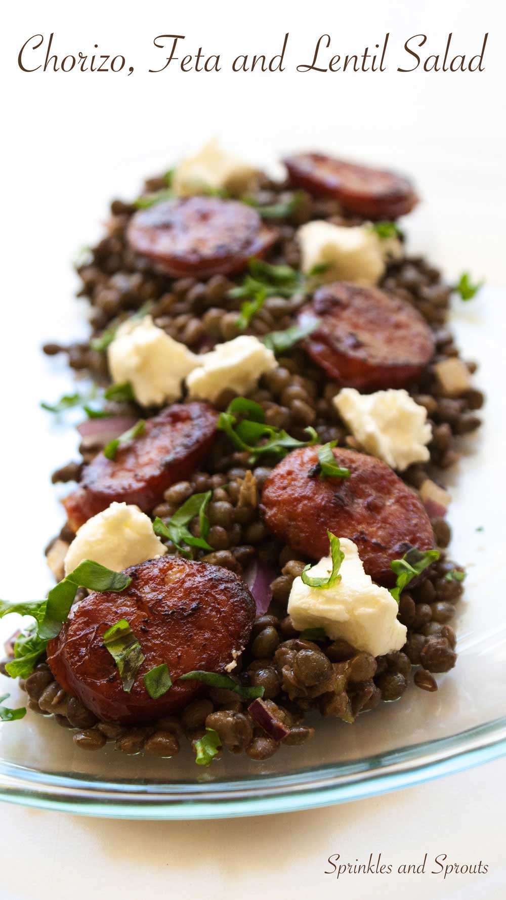 Chorizo, Feta and Lentil Salad. Creamy puy lentils in a light dressing served with salty soft feta and crispy hot chorizo. A great gluten free recipe.