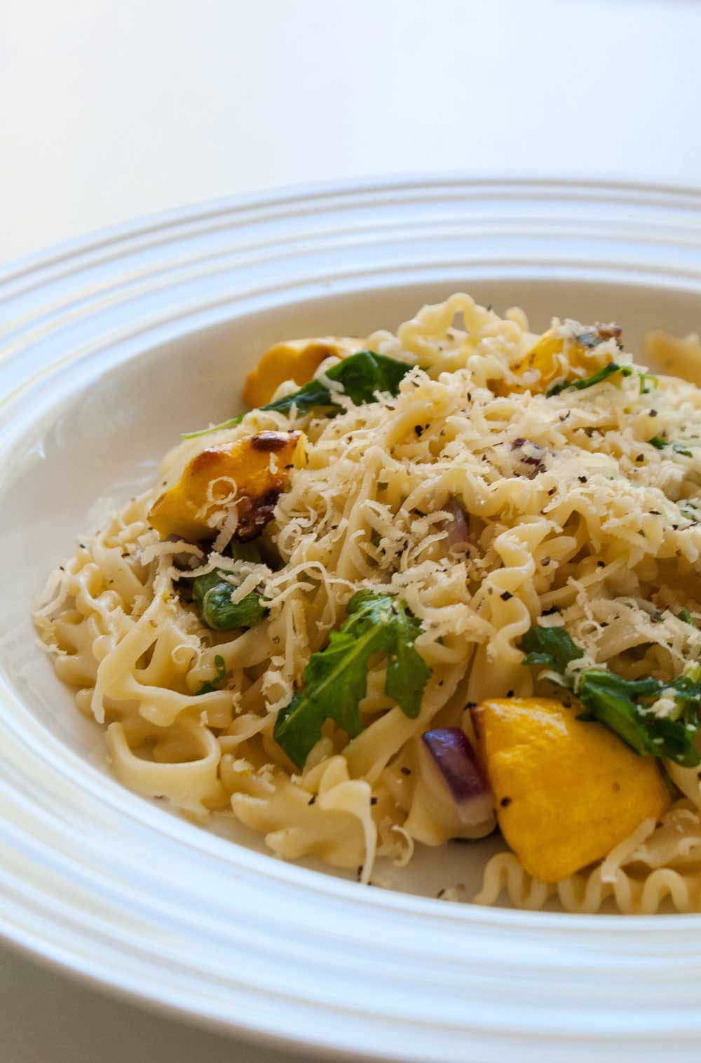 Pasta with Rocket and Roasted Squash. A light, vegetarian pasta dish that is full of fresh flavours.