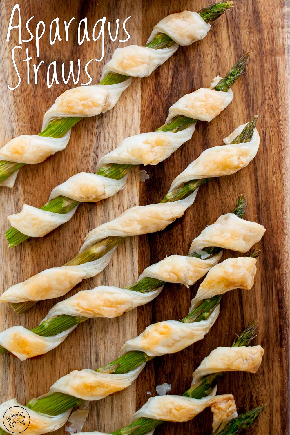 overhead view of asparagus straws with text at the top
