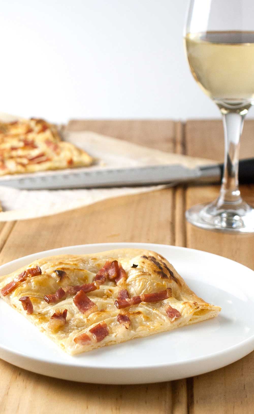 Flammekueche. Bacon and Onion Tart. A delicious French dish from Alsace.
