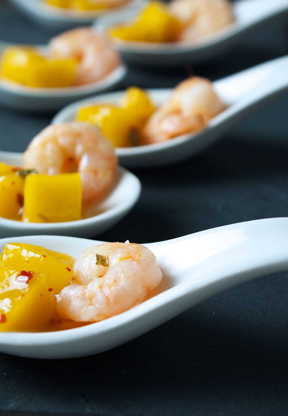 Spicy Prawn and Mango Spoons. A great sweet and spicy prawn appetiser. (A great sweet and spicy shrimp appetizer)