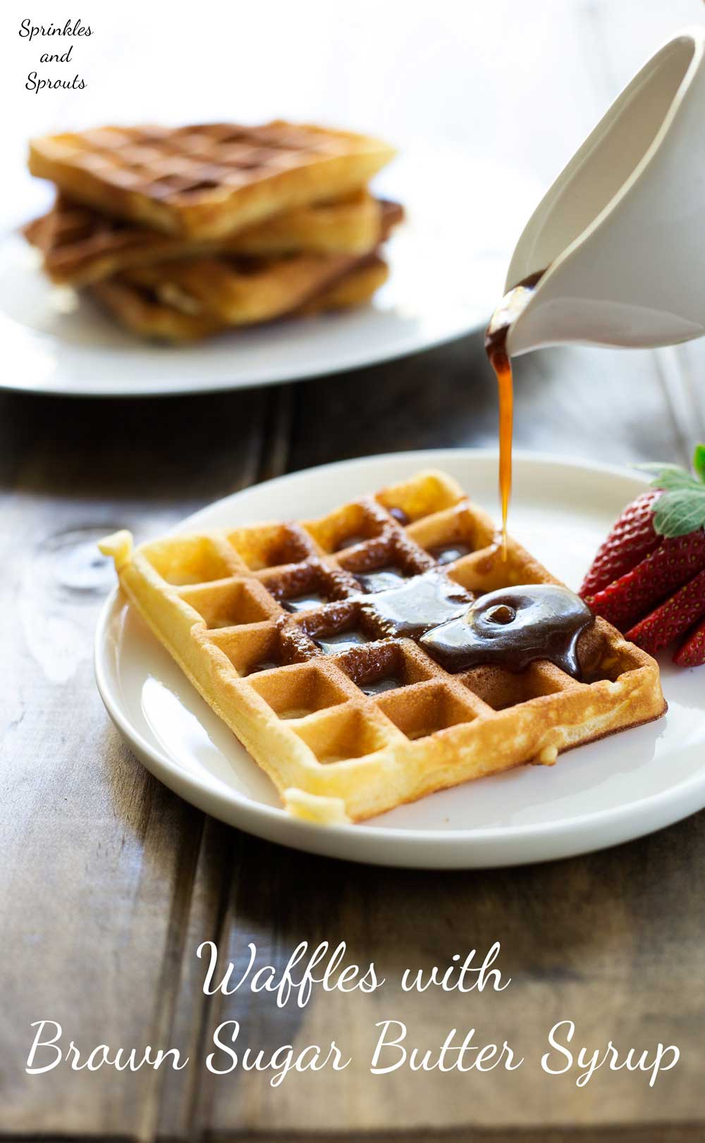 Waffles with Brown Sugar Butter Syrup. Soft, fluffy waffles drizzled generously in a rich brown sugar butter syrup. Perfect for a special/weekend breakfast.