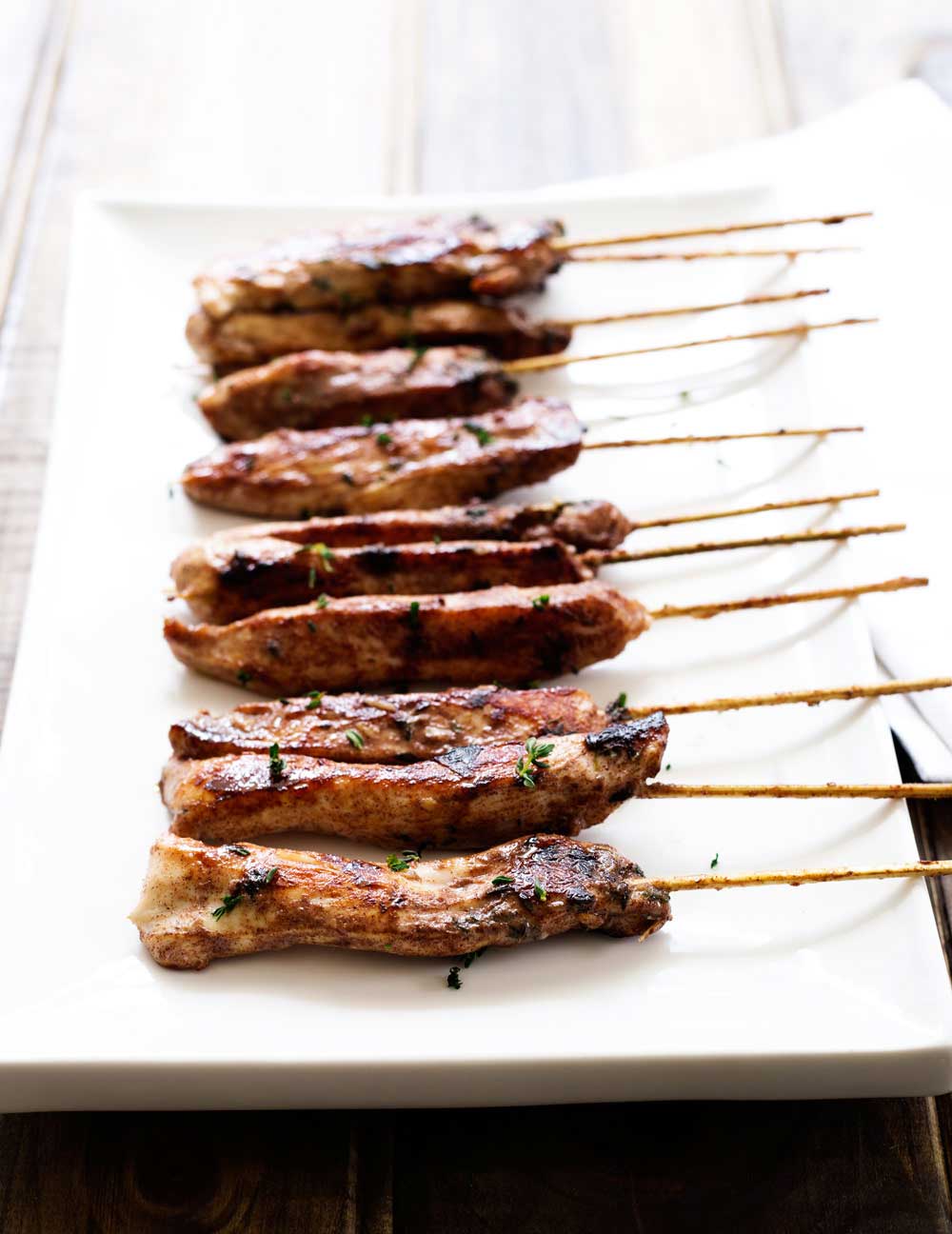 Cinnamon and Thyme Chicken Skewers. Sweet cinnamon and floral thyme give these chicken skewers a wonderful and unusual mix of flavours. A winning dinner!