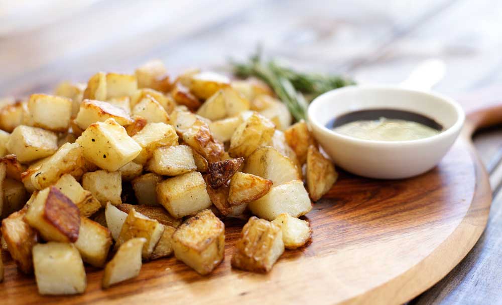 Salt and Vinegar Potato Cubes with Rosemary Balsamic Dip