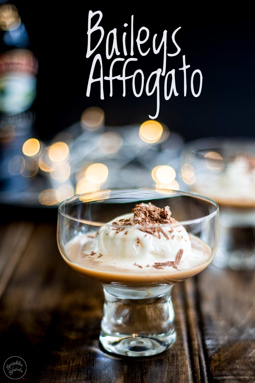 Two classes of baileys Affogato with fairy lights in the background and text at the top