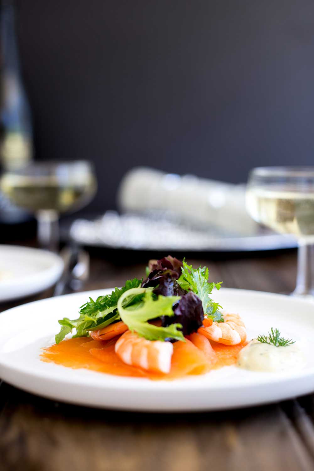 Salmon and Prawn Salad with a Gravlax Dressing
