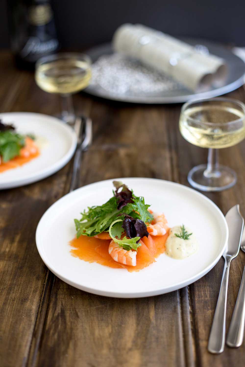 This Salmon and Prawn Salad with a Gravlax dressing is perfect for Christmas. It is rich yet light, feels posh and is super simple to make. As part of a Christmas feast it is the perfect first course. | Sprinkles and Sprouts