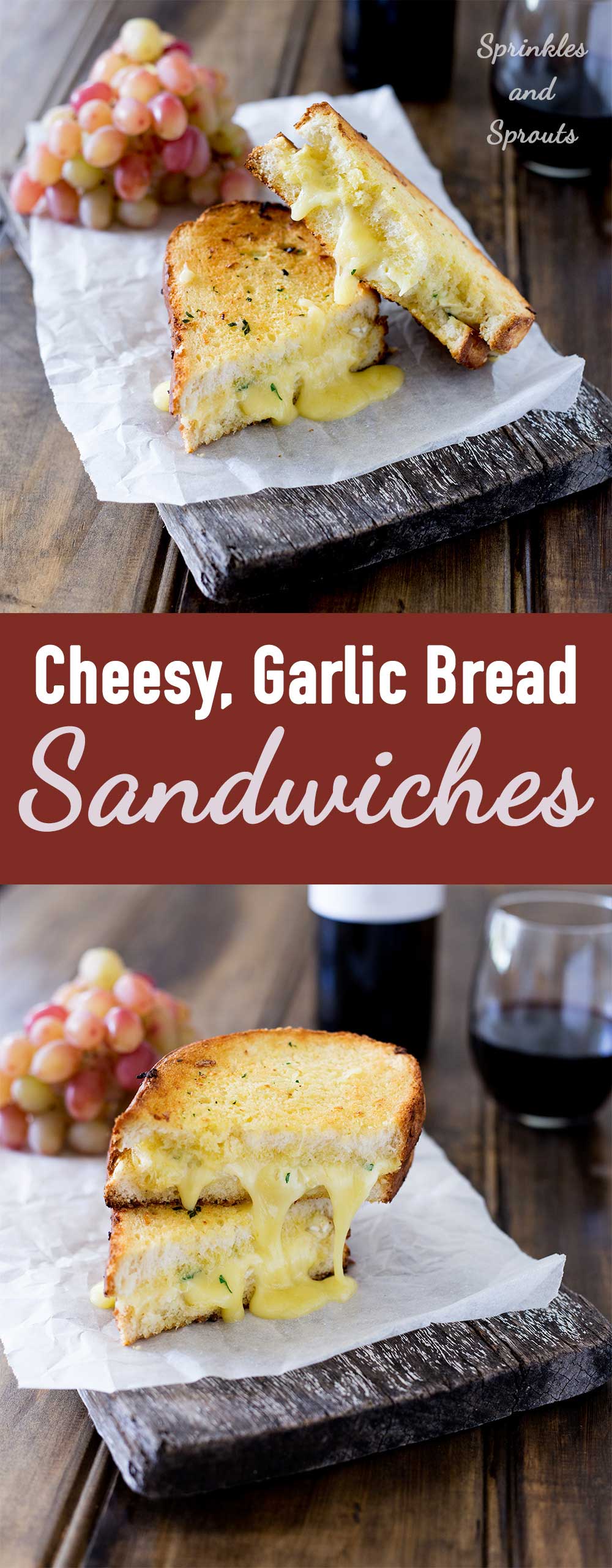 Cheesy garlic bread sandwiches. Garlic butter smothered bread filled with soft brie, crisped and browned to melting gooey perfection. Perfection! I kid you not, this is a sandwich that will make you lick the plate!!! 