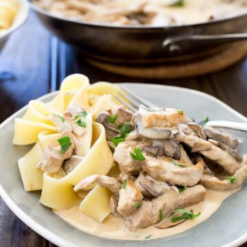 This pork stroganoff is the best kind of comfort food! Tender pork, cooked with mushrooms and onions in a creamy sauce. It's delicious, filling and completely made with fresh ingredients! (No cans of soup here!!!) | Sprinkles and Sprouts