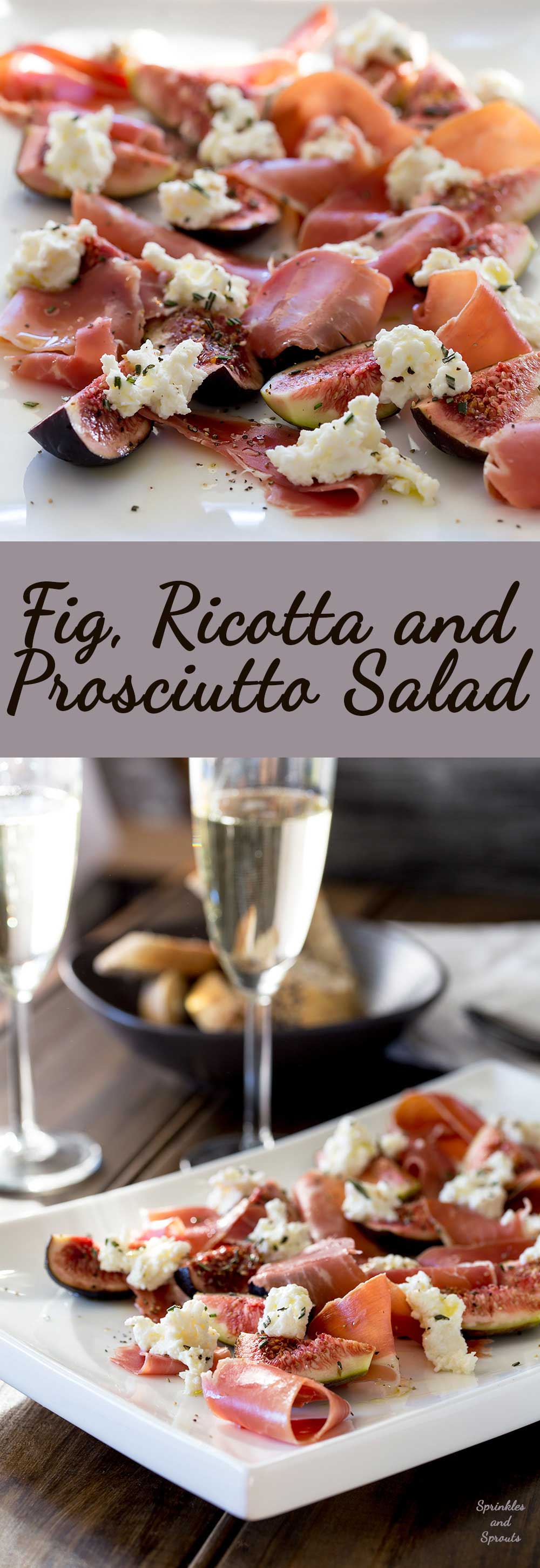 Pin Image: Fig, ricotta, and prosciutto salad on a white plate with text overlaid