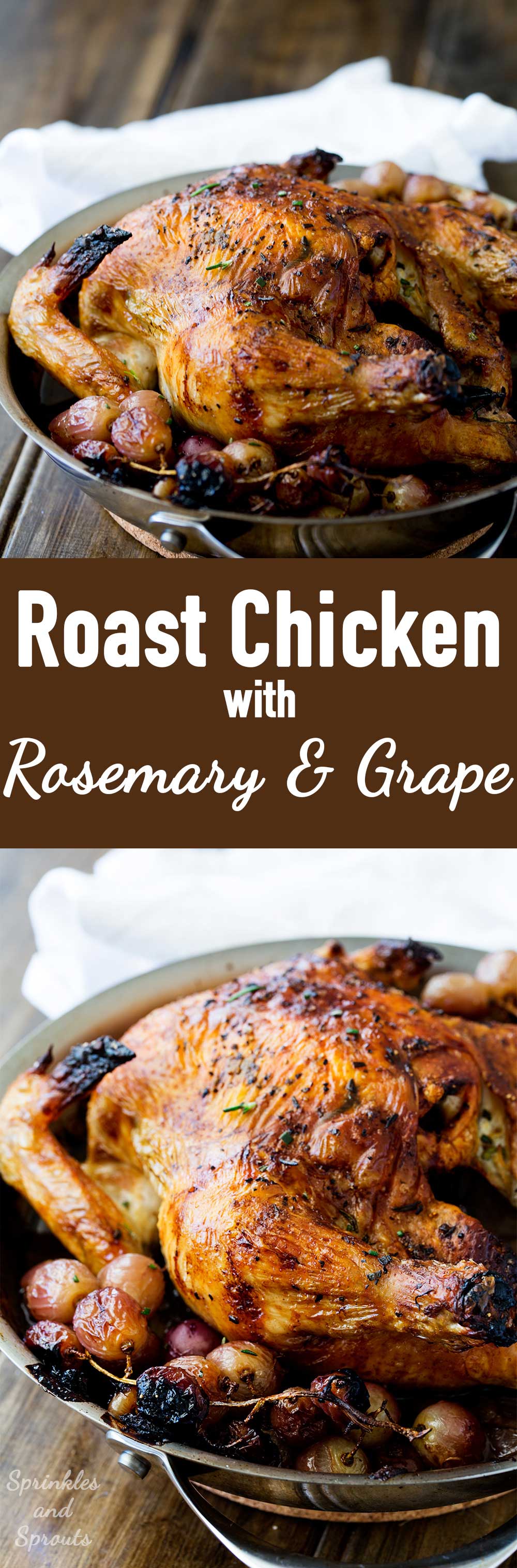 Succulent roast chicken, soft sweet onions, jammy grapes and a rich buttery rosemary sauce. Perfect with a salad and some crispy bread. 