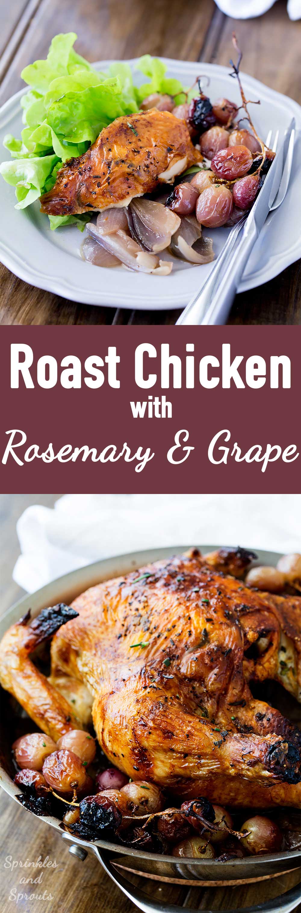 Succulent roast chicken, soft sweet onions, jammy grapes and a rich buttery rosemary sauce. Perfect with a salad and some crispy bread. 