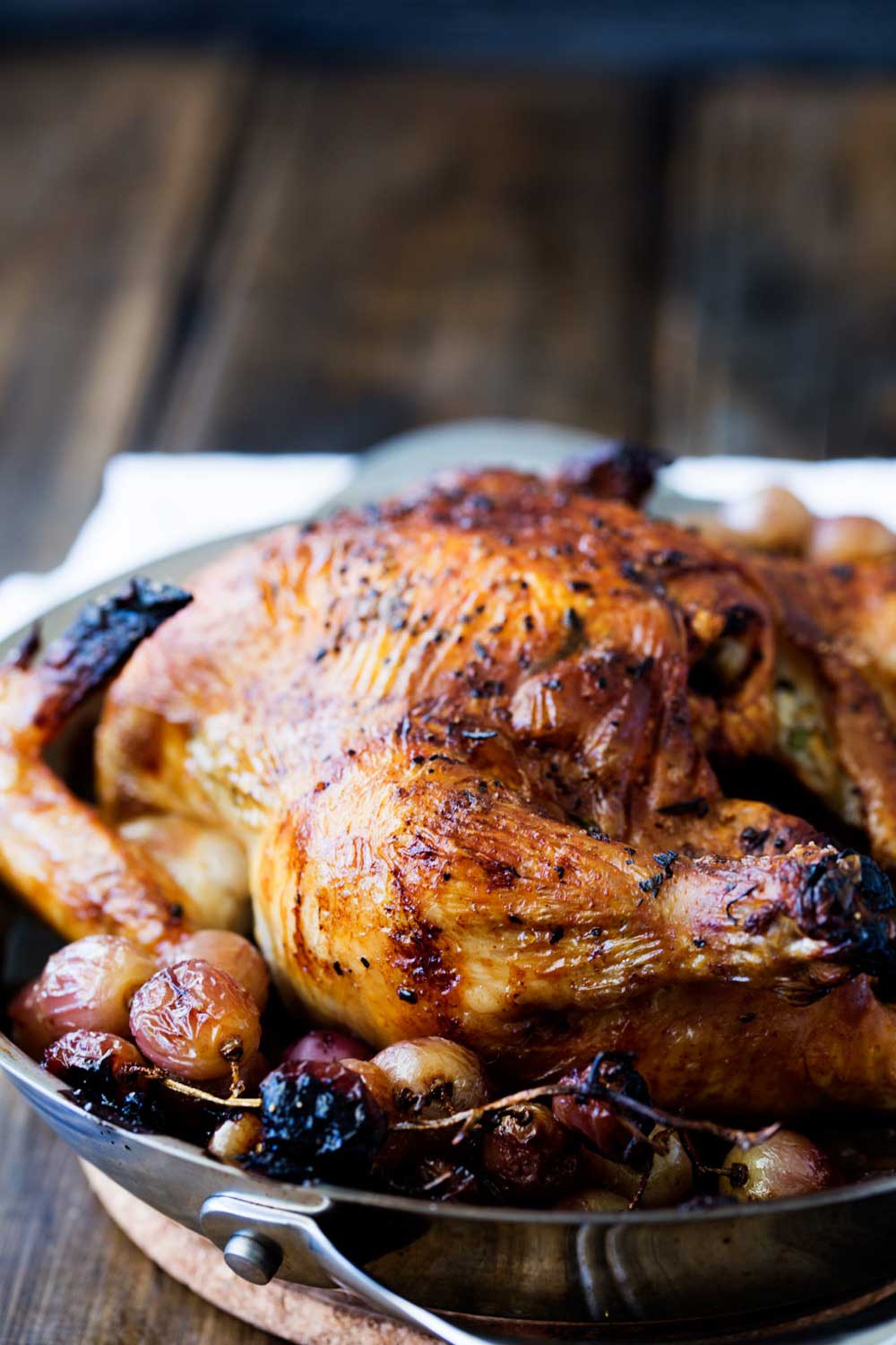 Succulent roast chicken, soft sweet onions, jammy grapes and a rich buttery rosemary sauce. Perfect with a salad and some crispy bread. 