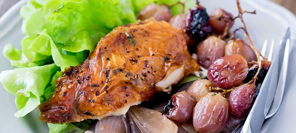 Succulent roast chicken, soft sweet onions, jammy grapes and a rich buttery rosemary sauce. Perfect with a salad and some crispy bread.