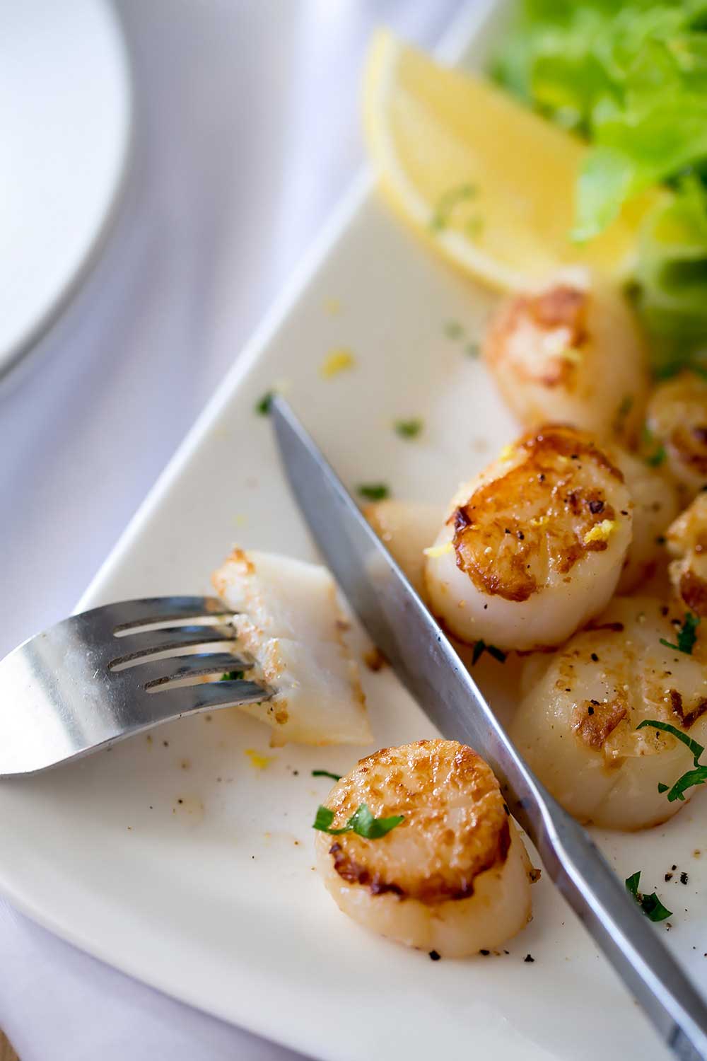 Firm buttery seared scallops, seasoned with lemon served with a fresh and crunchy apple and parsley salad with shallot dressing. | Sprinkles and Sprouts