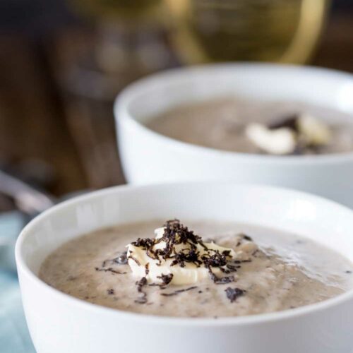 Mushroom Soup with fragrant rosemary and the earthy rich addition of black truffle. This mushroom, rosemary and truffle soup is packed with flavour and ready in under 30 minutes. Perfect for the cold weather