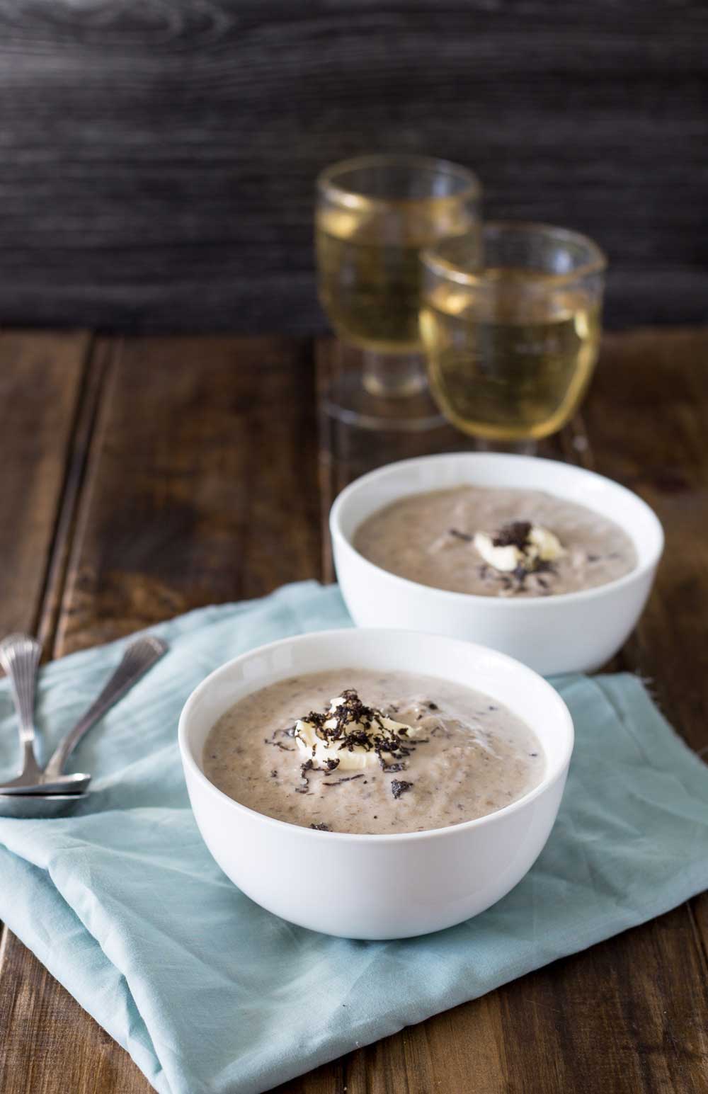Mushroom Soup with fragrant rosemary and the earthy rich addition of black truffle. This mushroom, rosemary and truffle soup is packed with flavour and ready in under 30 minutes. Perfect for the cold weather