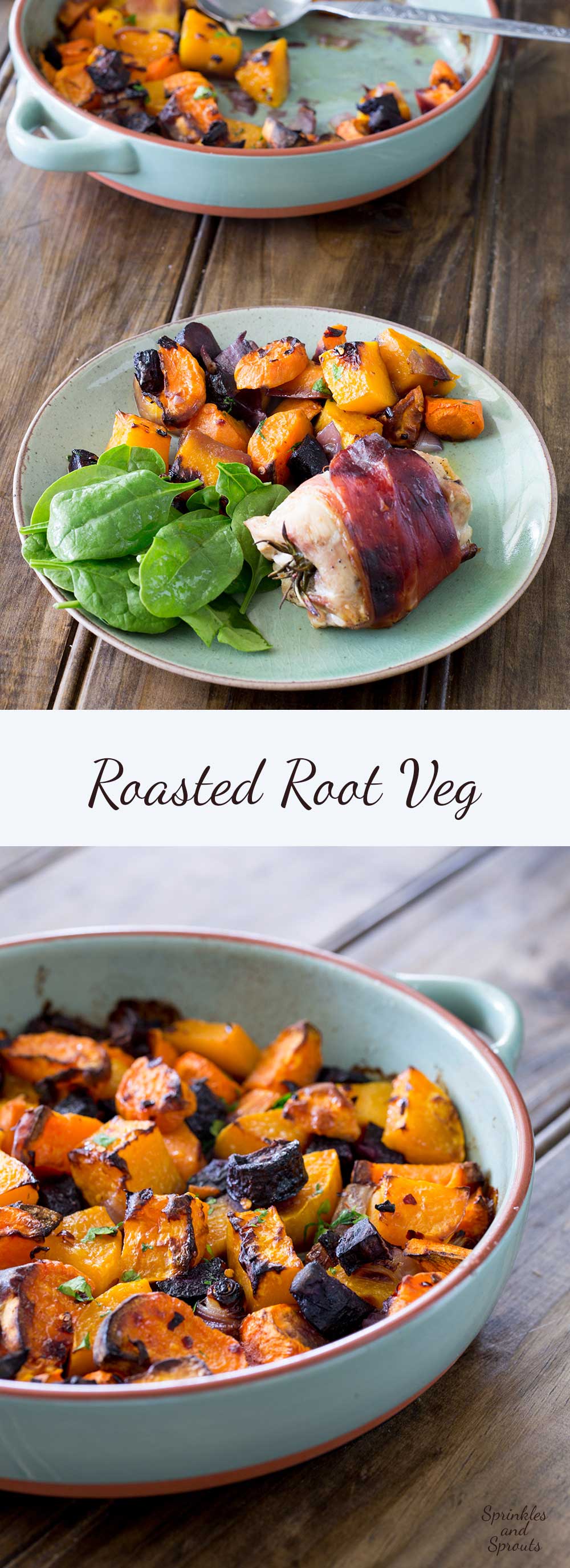 Roasted root veg. Sweet, soft, slightly caramelised and packed full of warming, rich delicious flavours. This is the perfect side or base for a great vegetarian main course. And it is simple to make with whatever you have in your fridge!