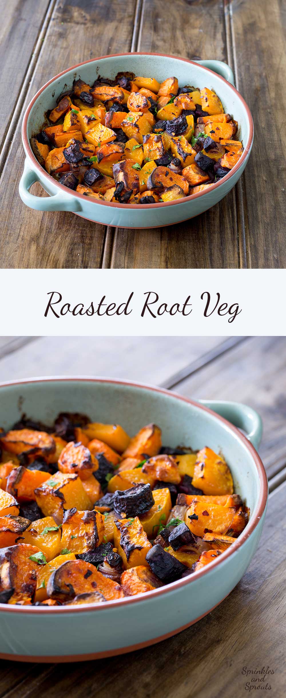 Roasted root veg. Sweet, soft, slightly caramelised and packed full of warming, rich delicious flavours. This is the perfect side or base for a great vegetarian main course. And it is simple to make with whatever you have in your fridge!