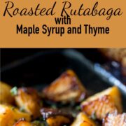 Pin Image: Roasted rutabaga in a roasting tin with text overlaid