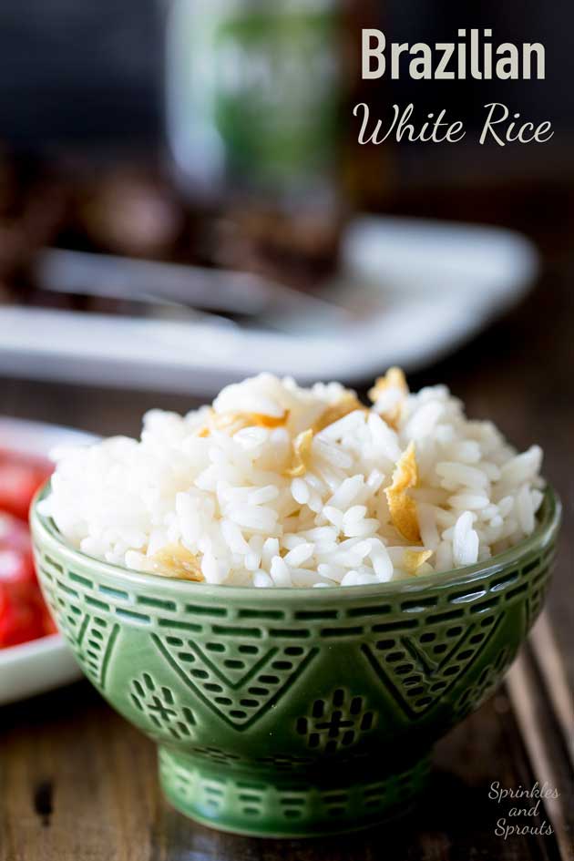 Brazilian White Rice is the perfect side dish, it is generously seasoned with onions and garlic. Turning a bowl of plain rice into something so so much more. | Sprinkles and Sprouts