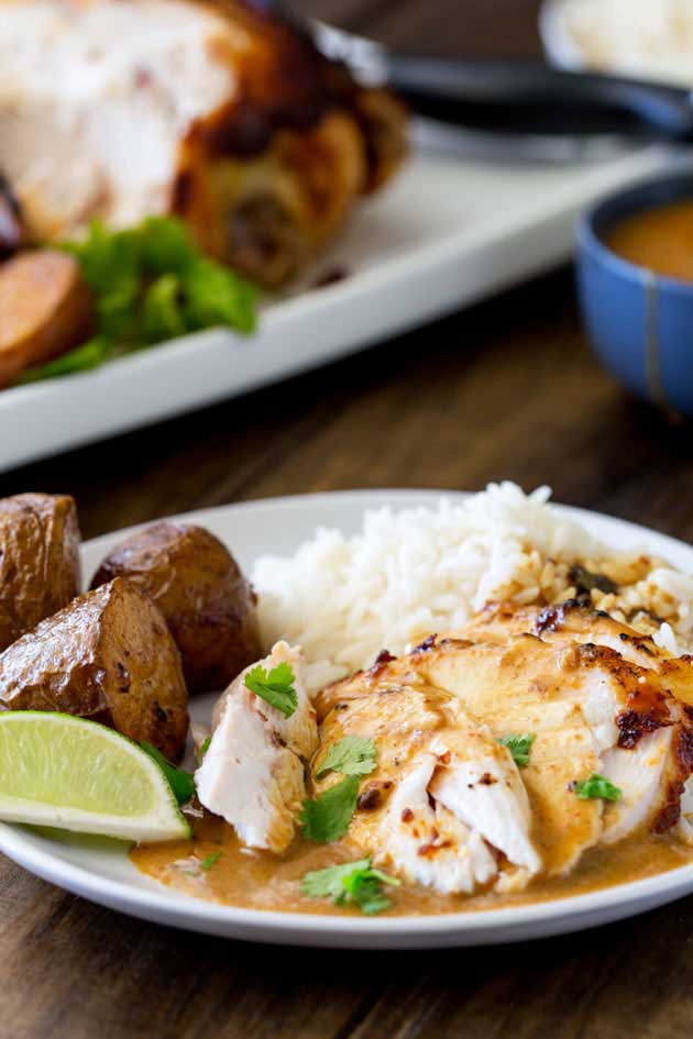Sweet, juicy chicken with the wonderful flavour of Thai massaman curry, served with some delicious roasted potatoes, plain rice and a rich Thai gravy. This is roast dinner with a booster pack on! 