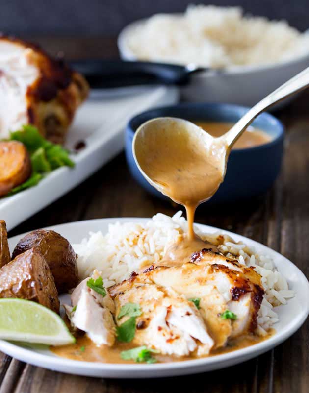 Sweet, juicy chicken with the wonderful flavour of Thai massaman curry, served with some delicious roasted potatoes, plain rice and a rich Thai gravy. This is roast dinner with a booster pack on! 