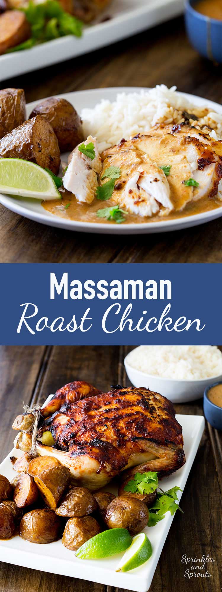 Sweet, juicy chicken with the wonderful flavour of Thai massaman curry, served with some delicious roasted potatoes, plain rice and a rich Thai gravy. This is roast dinner with a booster pack on! | Sprinkles and Sprouts