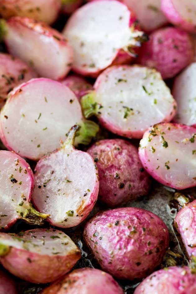 Roasted radishes are a wonderfully different roasted vegetable. They are perfect with fish or as a side dish with roast chicken. So different, so delicious and so simple!!! And look how beautiful they look!!!! | Sprinkles and Sprouts