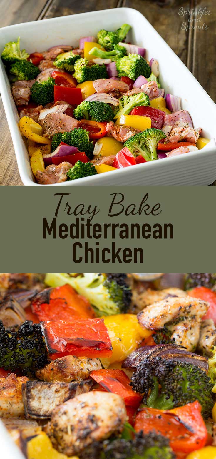 This Tray Bake Mediterranean Chicken is the perfect mid week meal, it takes very little prep and makes very little washing up! Winner winner chicken dinner! Get the recipe now! | Sprinkles and Sprouts