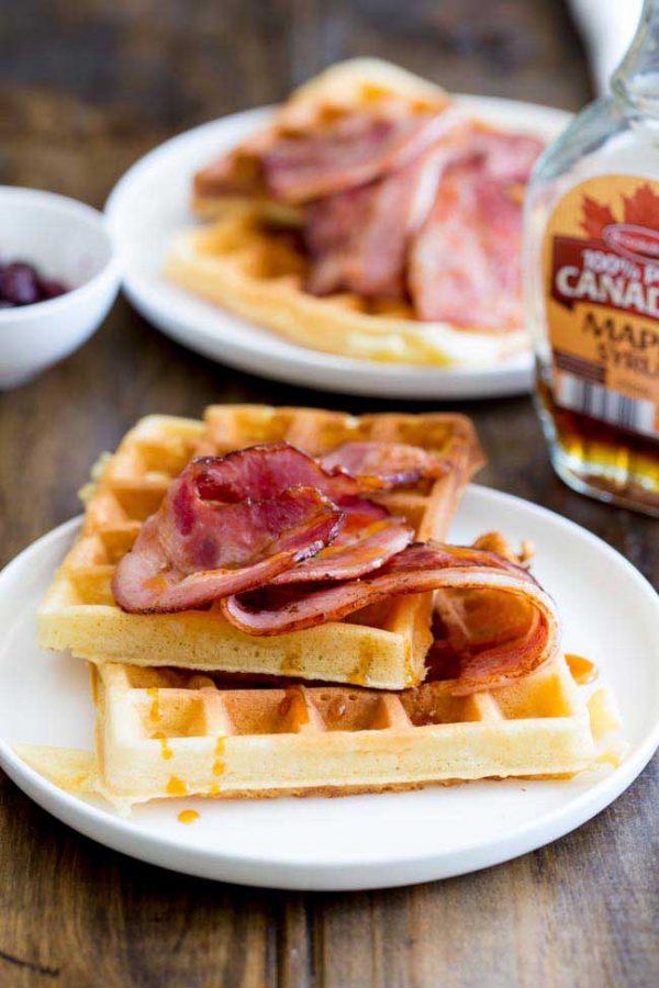 Maple Syrup Waffles with Glazed Bacon Sprinkles and Sprouts