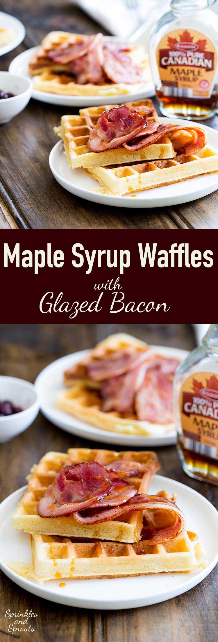 Maple Syrup waffles!!!! The sweet, buttery, smokey maple syrup is infused into these waffles; they are sweet and totally delicious but to make things even better then there is bacon. Crispy wonderful bacon that is glazed with maple syrup. This is a salty sweet perfection of a breakfast!