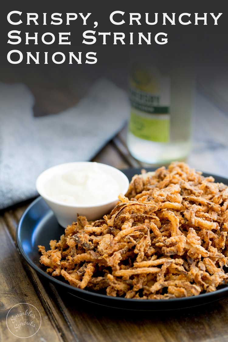 These crispy crunchy shoe string onions are so good! They taste sweet and crunchy with a background hint of salt and spice. I think I could eat a whole plateful myself! They are delicious as a snack or if you can resits eating them you could add them to a steak sandwich. Oh yes that is pure heaven!!!!!