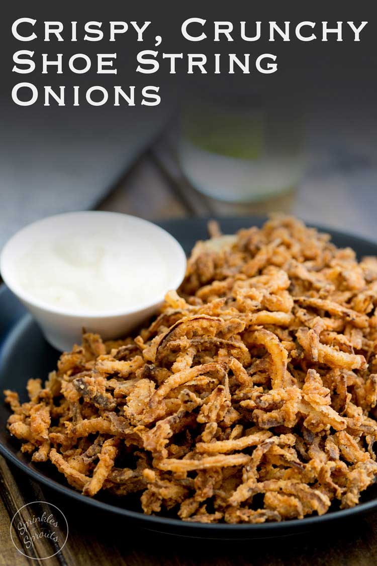 These crispy crunchy shoe string onions are so good! They taste sweet and crunchy with a background hint of salt and spice. I think I could eat a whole plateful myself! They are delicious as a snack or if you can resits eating them you could add them to a steak sandwich. Oh yes that is pure heaven!!!!!