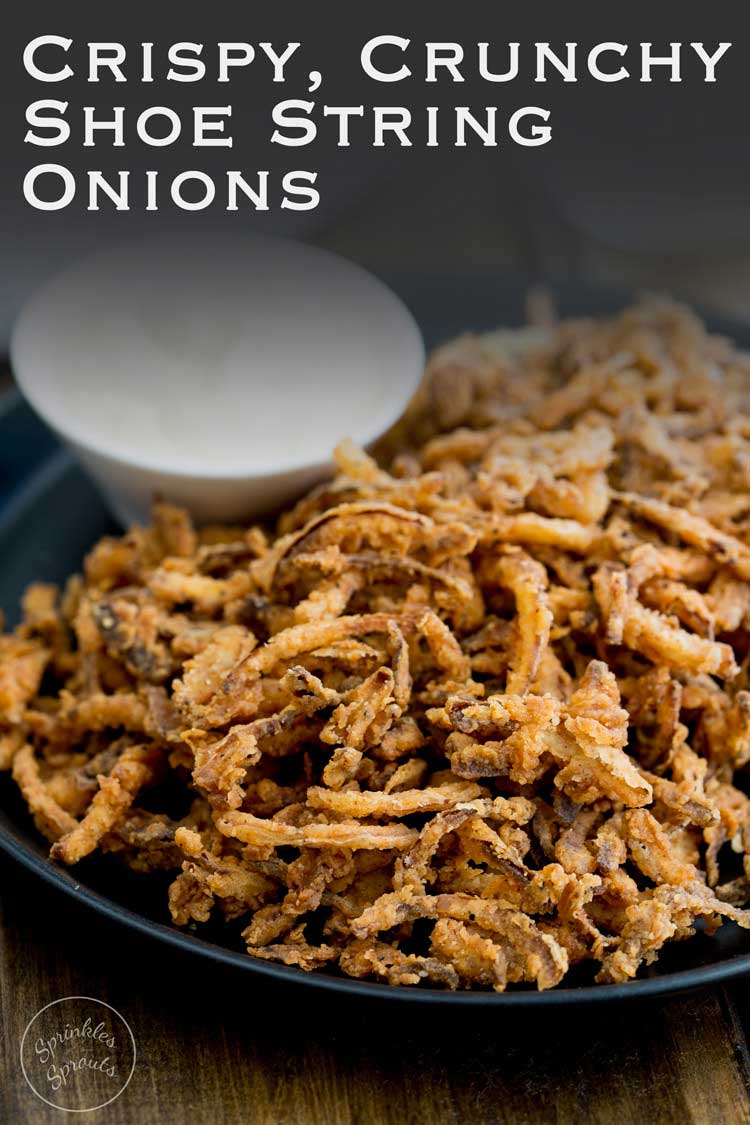 These crispy crunchy shoe string onions are so good! They taste sweet and crunchy with a background hint of salt and spice. I think I could eat a whole plateful myself! They are delicious as a snack or if you can resits eating them you could add them to a steak sandwich. Oh yes that is pure heaven!!!!!