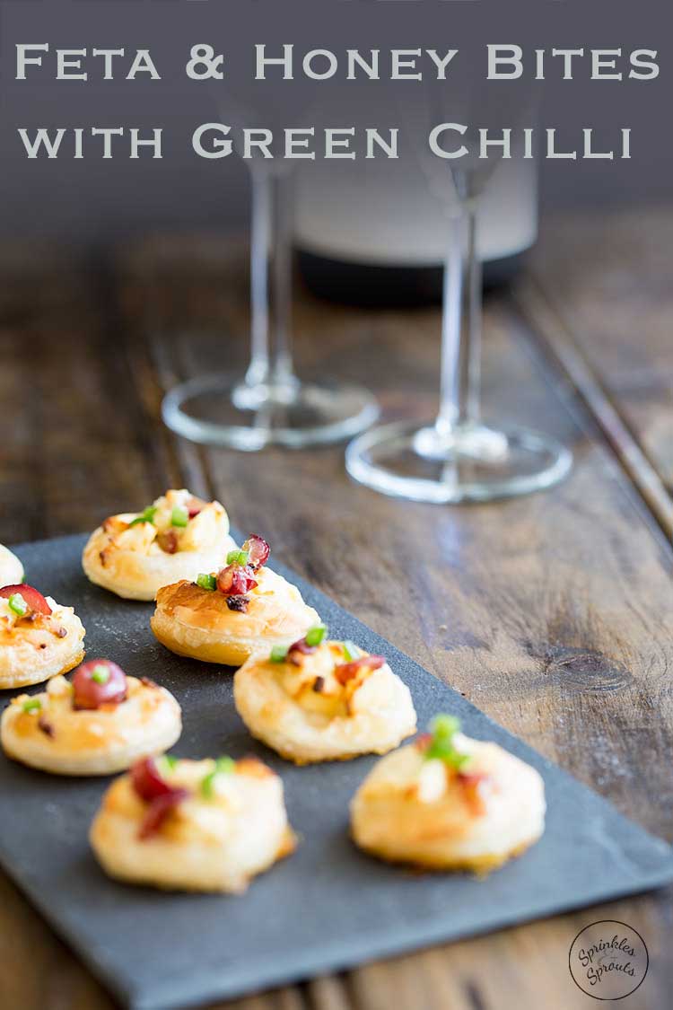 These Feta and Honey Bites with Green Chilli are the perfect little bite. Sweet from the honey, salty from the feta, fruity from the grape and then the chilli hits your lips and everything goes POW!!! 