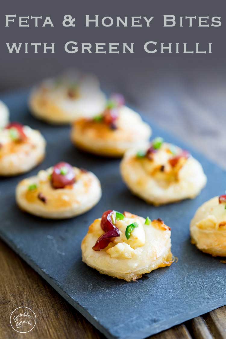 These Feta and Honey Bites with Green Chilli are the perfect little bite. Sweet from the honey, salty from the feta, fruity from the grape and then the chilli hits your lips and everything goes POW!!! 