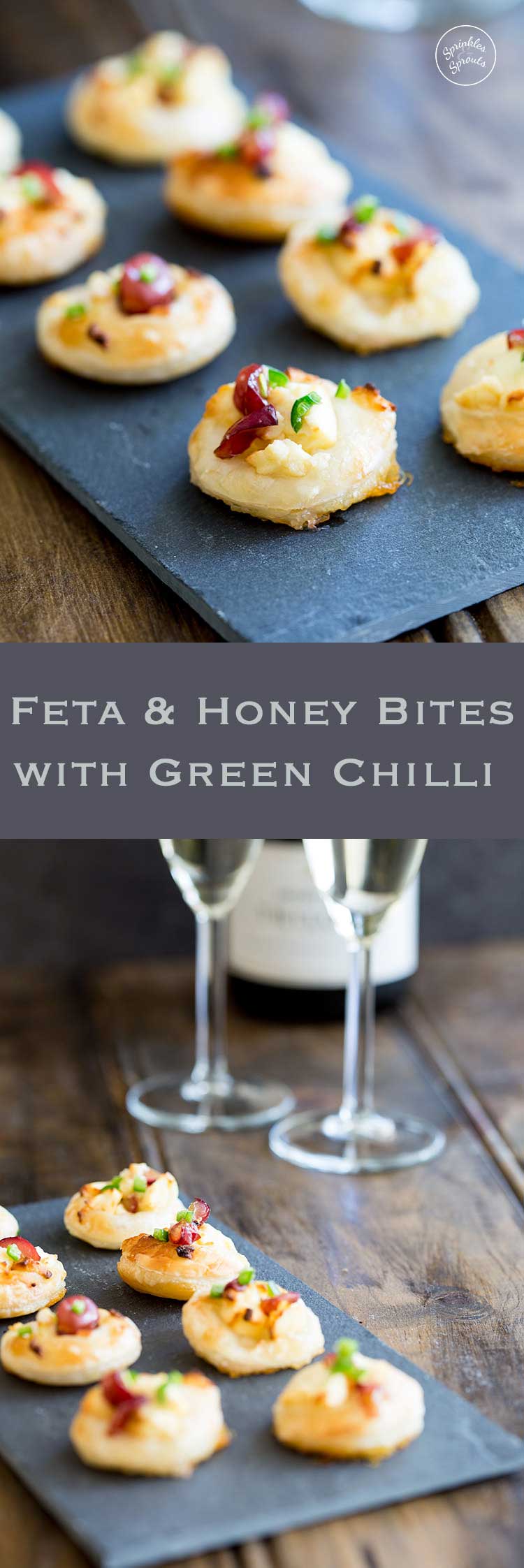 These Feta and Honey Bites with Green Chilli are the perfect little bite. Sweet from the honey, salty from the feta, fruity from the grape and then the chilli hits your lips and everything goes POW!!! 