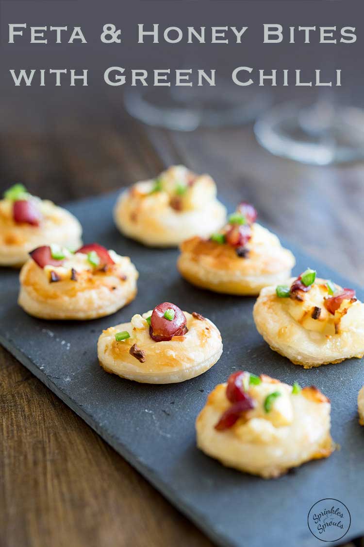 These Feta and Honey Bites with Green Chilli are the perfect little bite. Sweet from the honey, salty from the feta, fruity from the grape and then the chilli hits your lips and everything goes POW!!! 