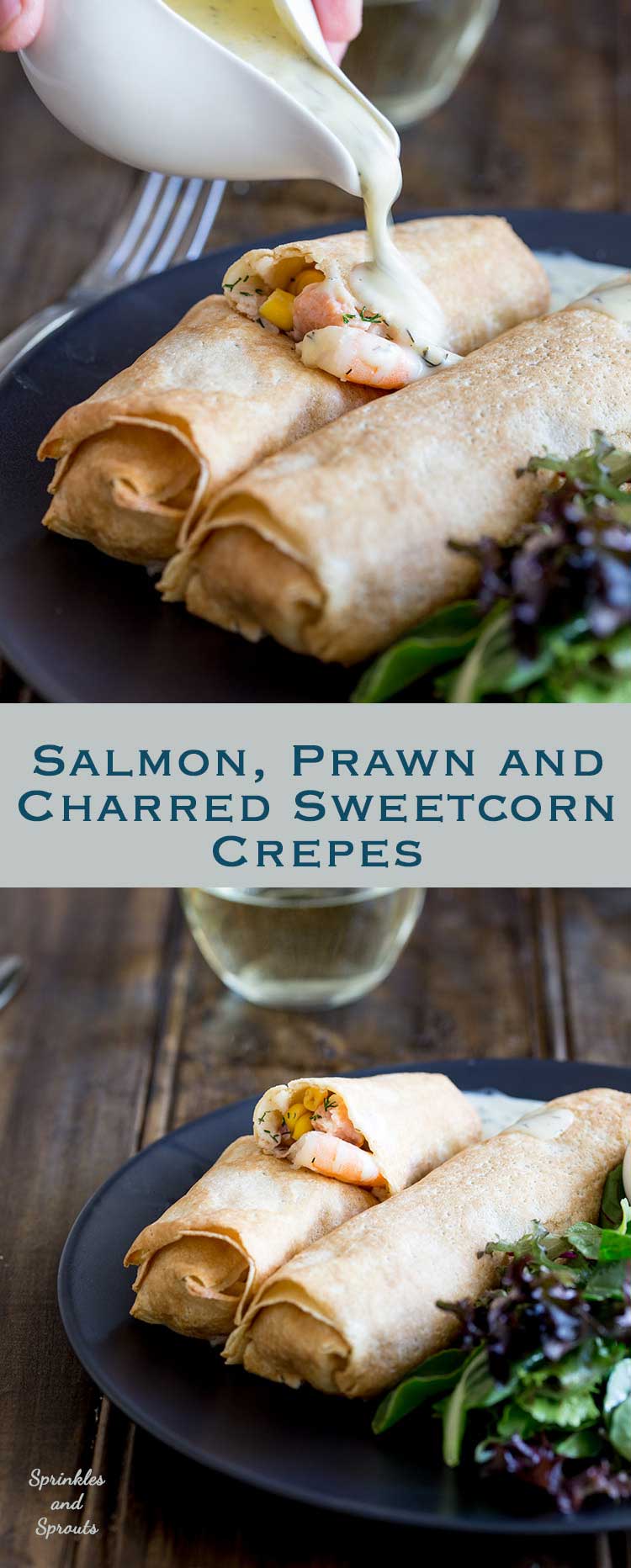 These delicate, thin crepes are filled with creamy delicious salmon and king prawns, some sweet charred corn and then baked to a crisp delicious perfection. All served with a creamy dill sauce. Delicious and elegant. Perfect for entertaining, these are sure to be a hit!